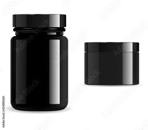 Black cosmetic package, vitamin jar mockup set. Supplement packaging container, gloss glass or plastic 3d vector template. Premium product can, skin wax, charcoal