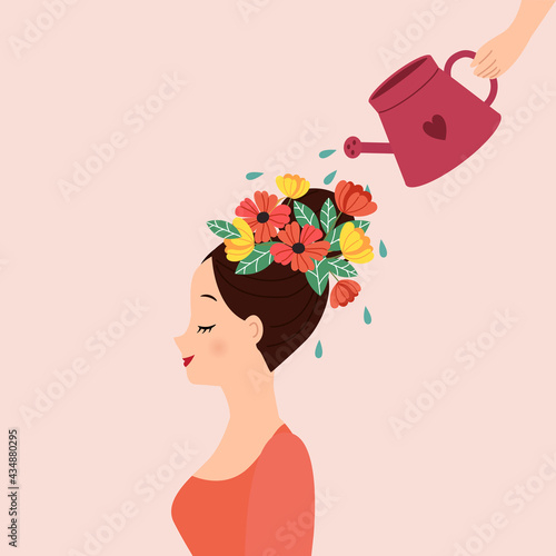 Personal development metaphor. Hand watering a woman head decorated with flower. Flat vector design