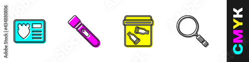 Set Police badge with id case, Flashlight, Evidence bag bullet and Magnifying glass search icon. Vector