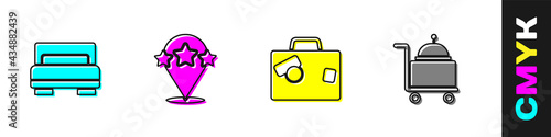 Set Hotel room bed, Five stars rating review, Suitcase and Covered with tray icon. Vector