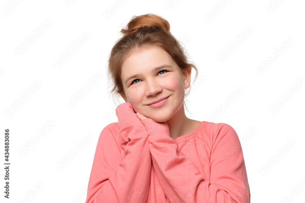 close up young girl feeling happiness, waiting for good thing happen, smiling leaning face on palms close up young girl feeling happiness, waiting for good thing happen, smiling leaning face on palms