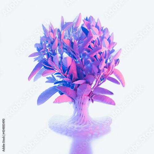 Cyber pank branch in 3d printed vase concept. Minimal atmospheric arrangement with glowing light. photo