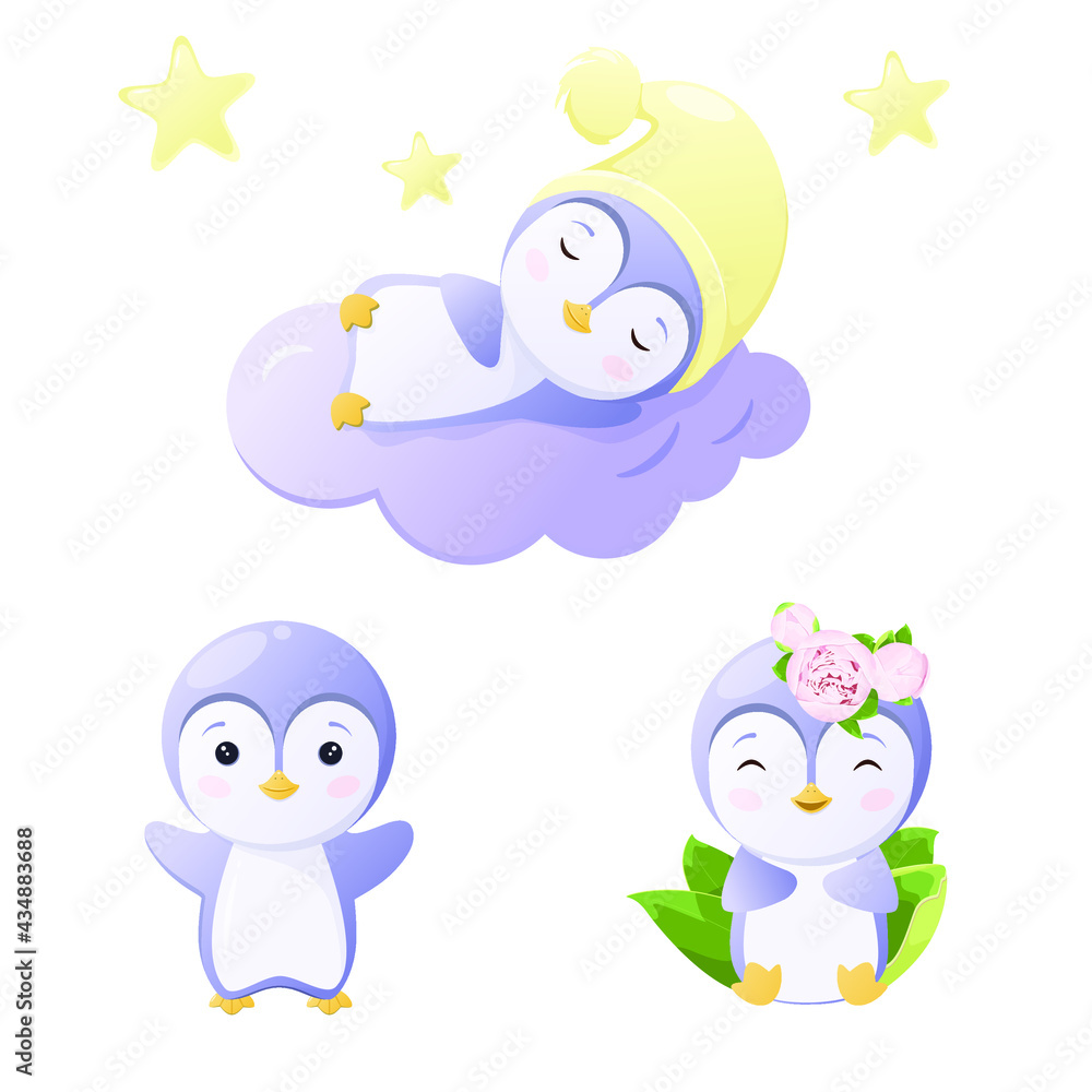 A set of cute penguins. Children's animal illustration.
