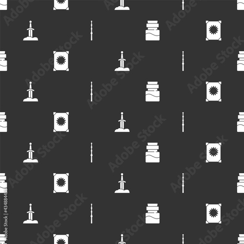 Set Bottle with potion, Ancient magic book, Sword in the stone and Magic wand on seamless pattern. Vector