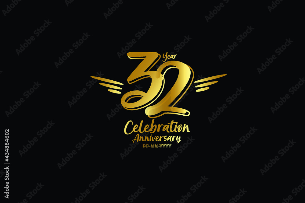 Obraz premium 32 year anniversary gold colors on black background with triple small stripes on left and right- vector 