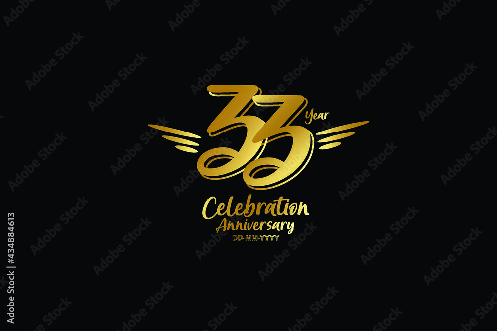 Obraz premium 33 year anniversary gold colors on black background with triple small stripes on left and right- vector 
