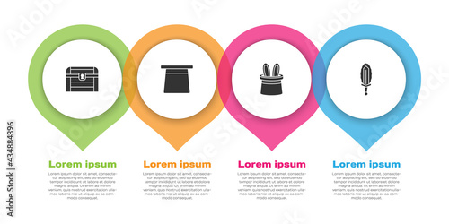 Set Antique treasure chest, Magic hat, Magician and rabbit ears and sword in fire. Business infographic template. Vector