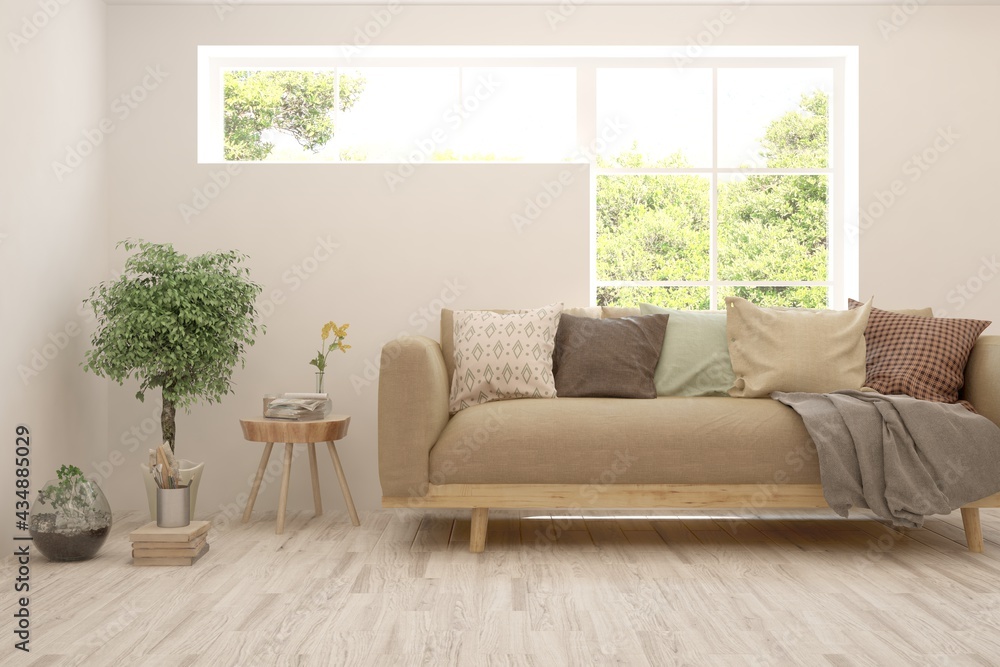 White living room with sofa and summer landscape in window. Scandinavian interior design. 3D illustration White living room with sofa and summer landscape in window. Scandinavian interior design. 3D illustration