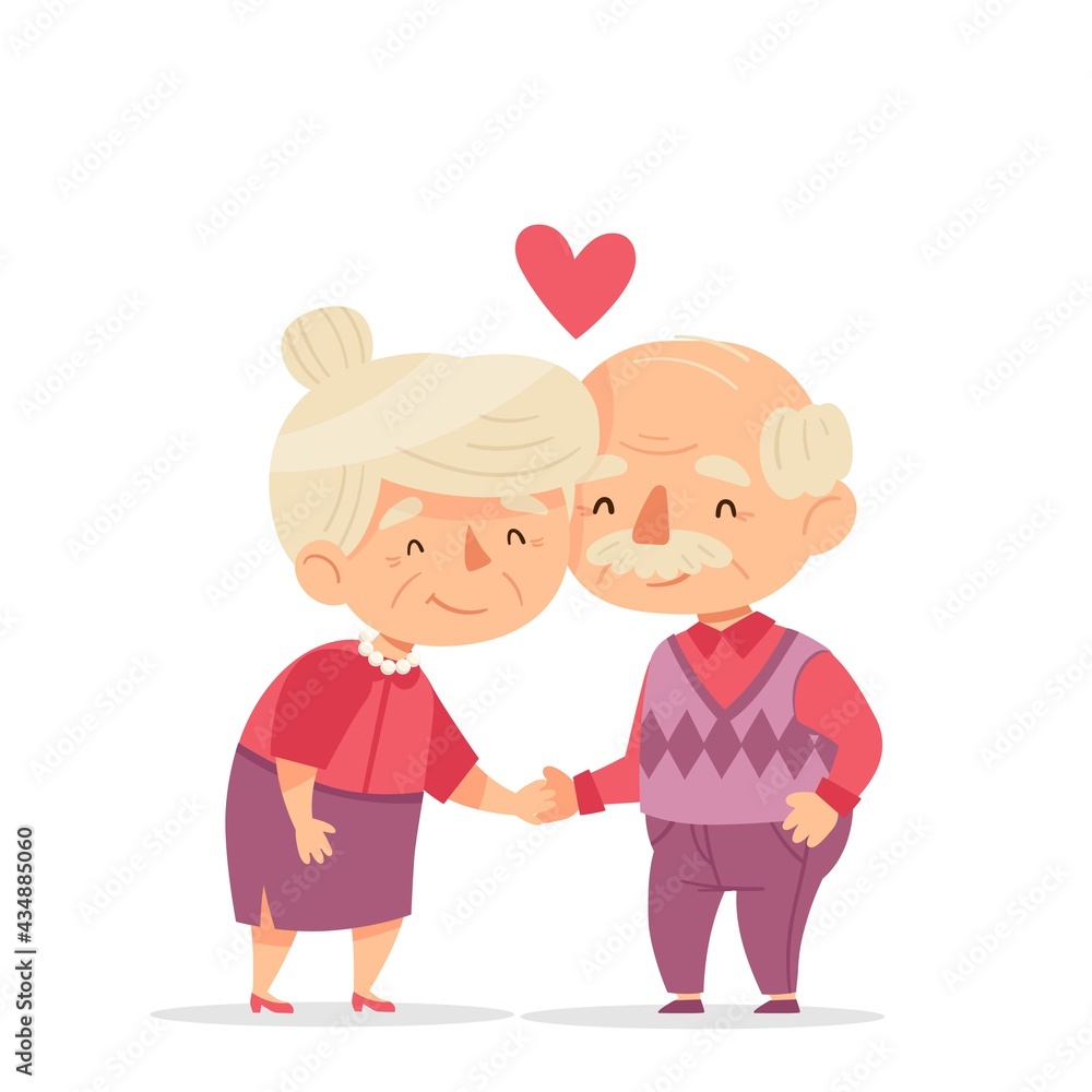 Cute loving grandparents. Love and care. Grandpa and grandma. Funny characters isolate on white background. Vector illustration Cute loving grandparents. Love and care. Grandpa and grandma. Funny characters isolate on white background. Vector illustration