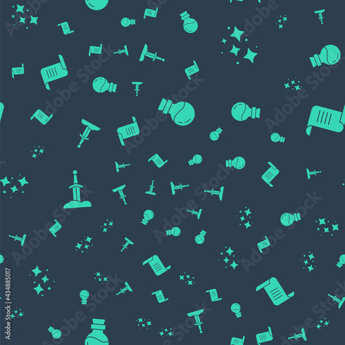 Set Bottle with potion, Sparkle stars magic, Sword in the stone and Ancient book on seamless pattern. Vector