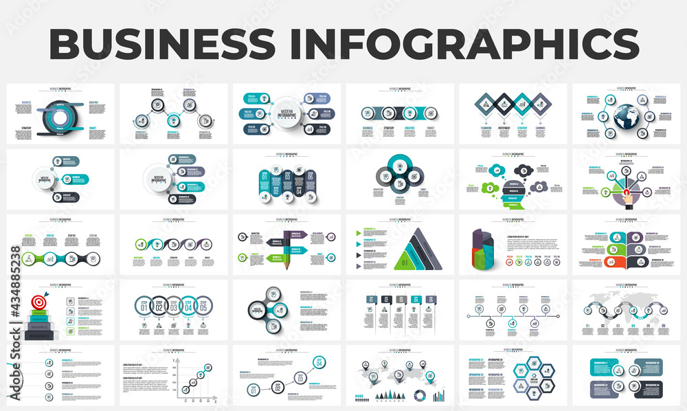 Bundle of abstract infographic elements. Can be used for steps, business processes, workflow, diagram, flowchart concept and timeline. Circles, pyramid, earth, target and other elements