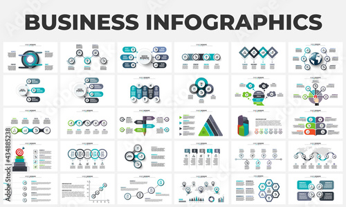 Bundle of abstract infographic elements. Can be used for steps, business processes, workflow, diagram, flowchart concept and timeline. Circles, pyramid, earth, target and other elements