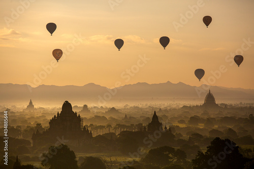 Balloon flying over the Pagoda in the Morning at Bagan, Myanmar