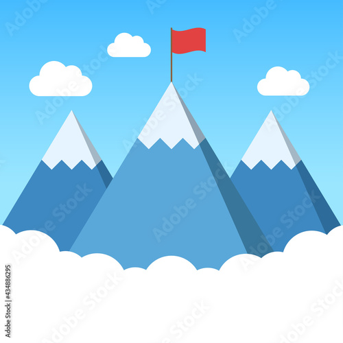 Mountain peak with flag, Business concept, Goal achievement successful, Flat design vector illustration