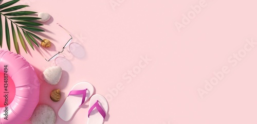 summer background, coconut leaves and glasses on pink background.,copy space,Top view,3d rendering © Karneg