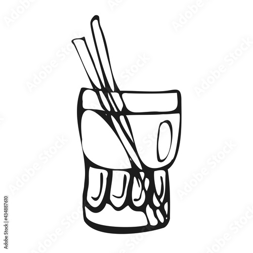 Cocktail. Alcoholic and non-alcoholic drink. Doodle style, rough drawn simple outline, bar menu. Vector drawing in dark colors.