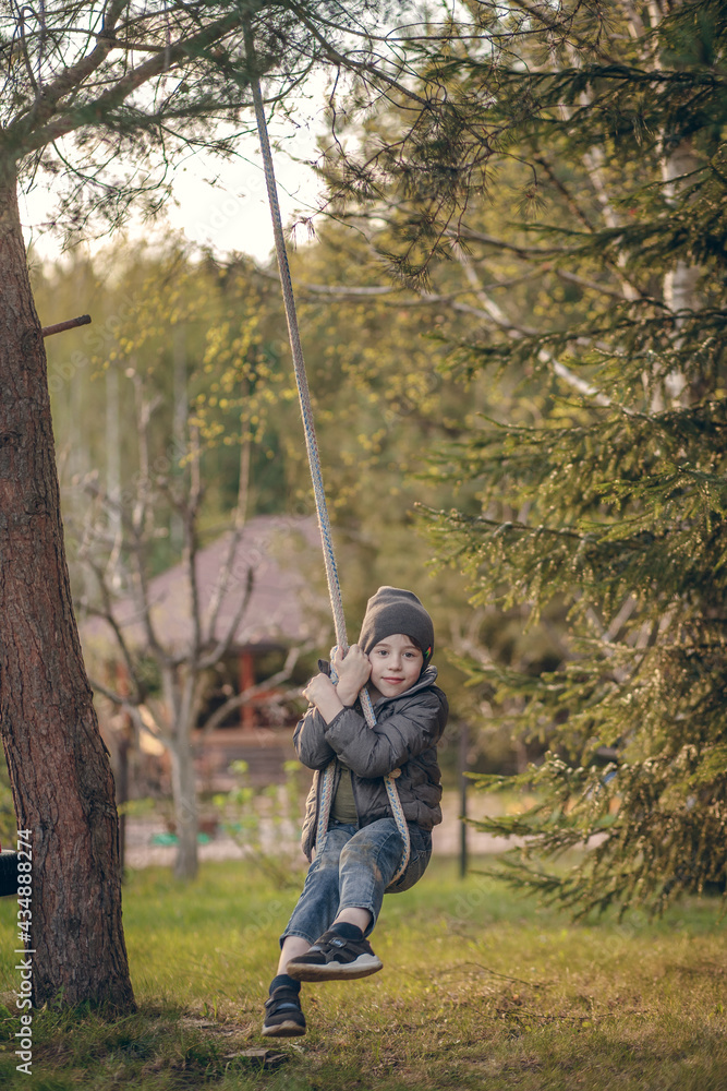 Cute little boy is swinging on a handmade rope swings in the country in Russia. Image with selective focus and toning