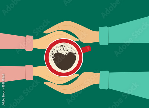 Female hands hold a cup of coffee and male hands hug female hands.