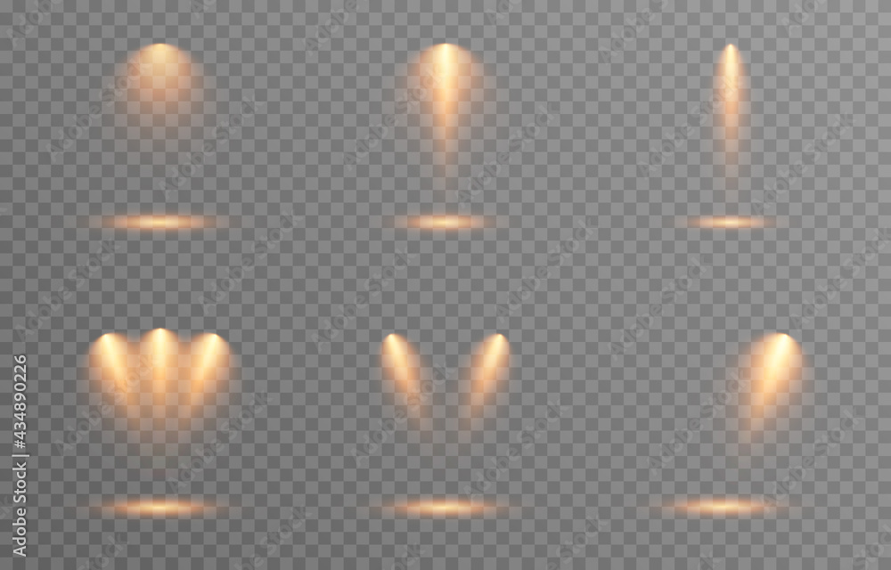 Vector set of light. Golden light source, studio lighting, walls, png. Light beams, light effect. Vector set of light. Golden light source, studio lighting, walls, png. Light beams, light effect.