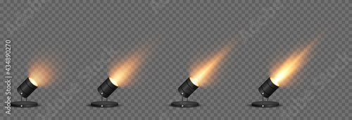 Vector set of light. Light source, studio lighting, walls, png. Yellow, golden light. Spot lighting, spotlight PNG. Rays, light effect.