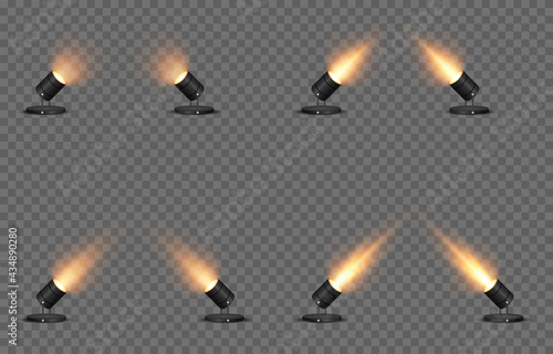 Vector set of light. Light source, studio lighting, walls, png. Yellow, golden light. Spot lighting, spotlight PNG. Rays, light effect.