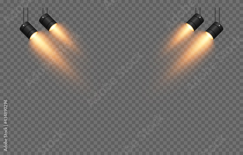 Vector set of light. Light source, studio lighting, walls, png. Yellow, golden light. Spot lighting, spotlight PNG. Rays, light effect.