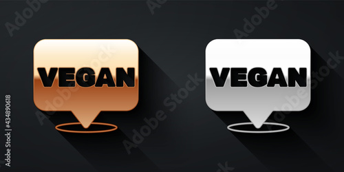 Gold and silver Vegan food diet icon isolated Gold and silver background. Organic, bio, eco symbol. Vegan, no meat, lactose free, healthy, fresh and nonviolent food. Long shadow style. Vector