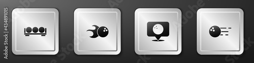 Set Billiard balls on a stand, Bowling, Location with bowling and icon. Silver square button. Vector