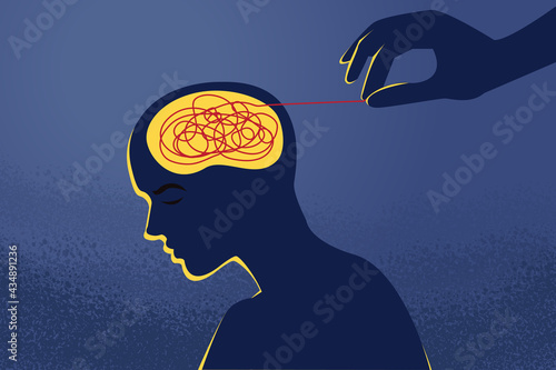 Hand unravelling tangled string from inside of person head. Psychotherapy metaphor illustration. Flat vector design