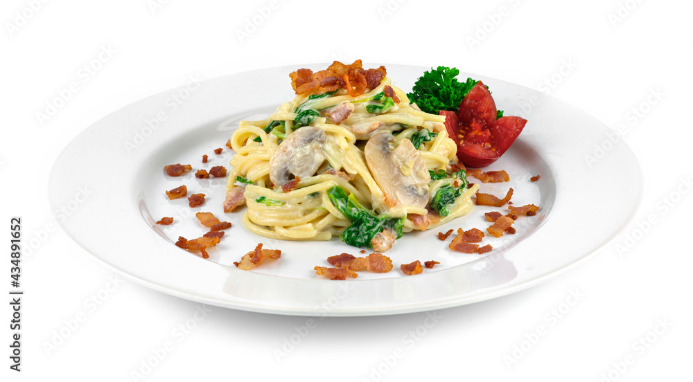 Spaghetti Spinach with Cream Sauce, Cheese,Champignon Mushroom and Bacon Italian Food Spaghetti Spinach with Cream Sauce, Cheese,Champignon Mushroom and Bacon Italian Food