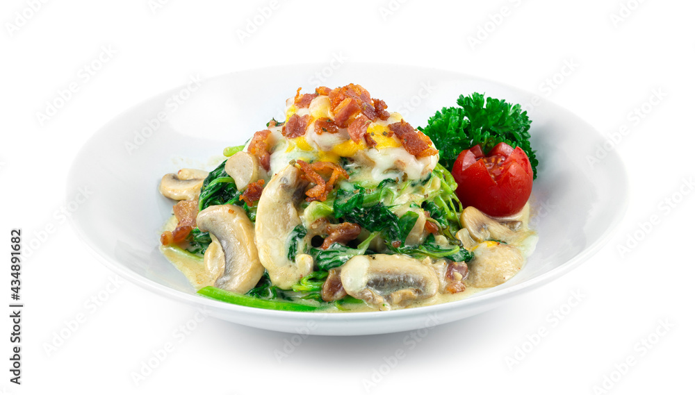 Spinach with Cream Sauce, Bacom Champignon Mushroom and Cheese