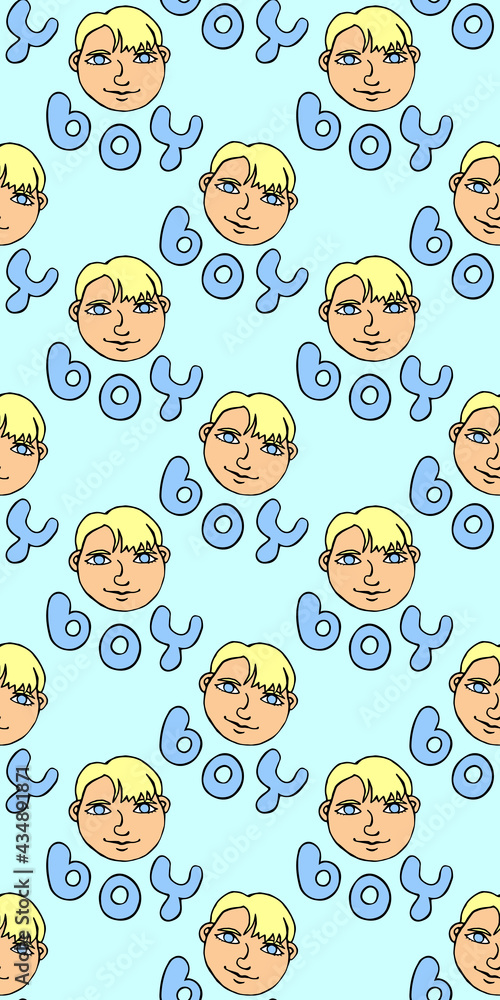 Seamless pattern with cartoon face vector boys and letterings. Hand drawn Doodle head of kids people. Childish texture backdrop Seamless pattern with cartoon face vector boys and letterings. Hand drawn Doodle head of kids people. Childish texture backdrop