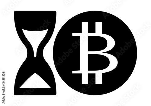 El fin de la criptomoneda bitcoin. Icono en blanco y negro del reloj de arena y la moneda bitcoin