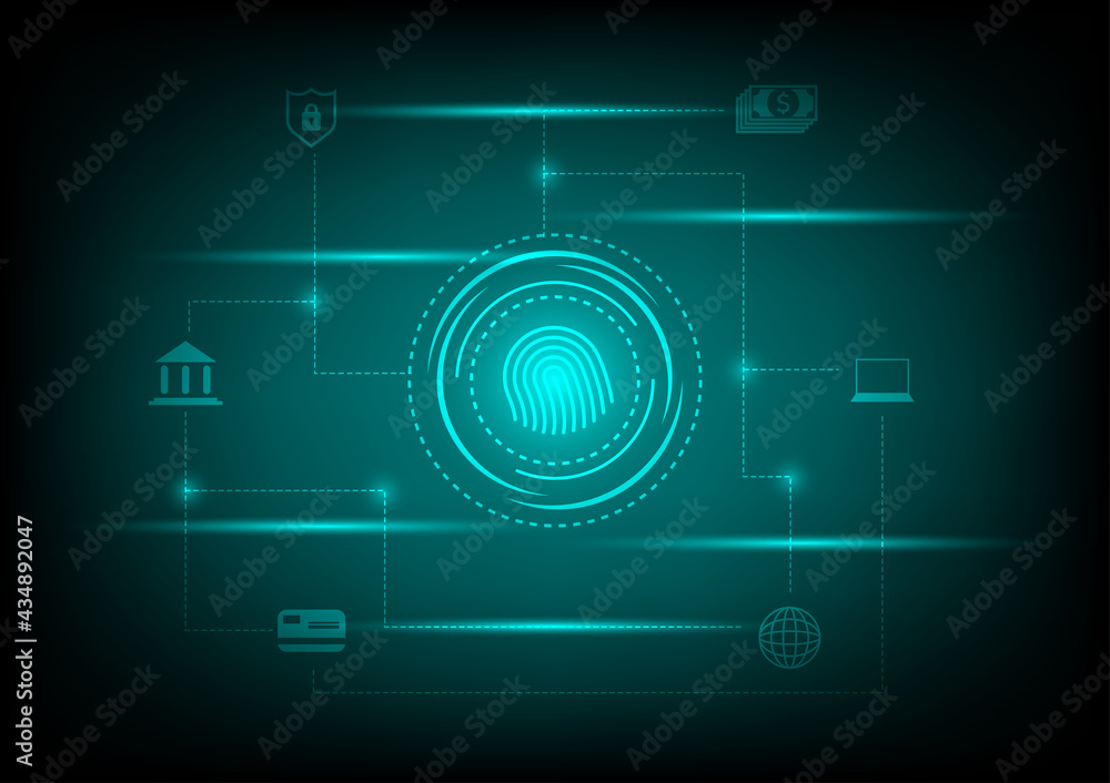 Business and security concept. Fingerprint security with the bank, credit card, laptop, an icon for protecting money on the green line, and dot technology background.