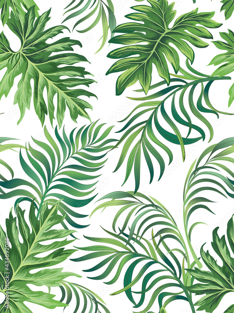 Jungle vector pattern with tropical leaves.Trendy summer print. Exotic seamless background.