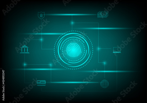 Business and security concept. Fingerprint security with the bank, credit card, laptop, an icon for protecting money on the green line, and dot technology background.