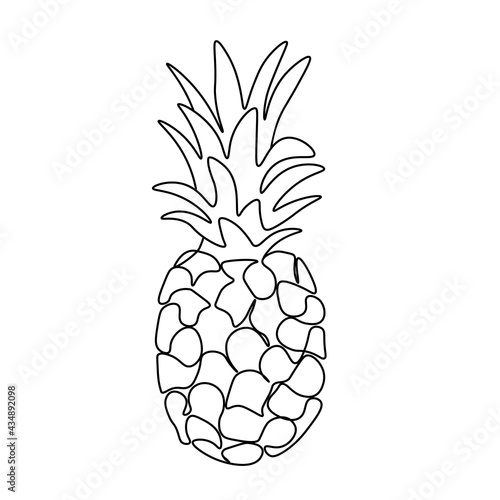 Continuous one line drawing pineapple. Vector illustration. Black line art on white background. Cartoon pineapple isolated on white background.  Vegan concept