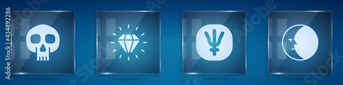 Set Skull, Diamond, Neptune planet and Moon. Square glass panels. Vector