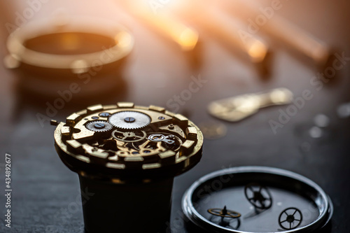 Mechanical watch repair process. Open pocket wristwatch. vel
