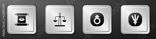 Set Ancient magic scroll, Libra zodiac, Mars and Neptune planet icon. Silver square button. Vector