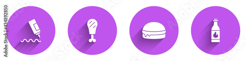 Set Sauce bottle, Chicken leg, Burger and Tabasco sauce icon with long shadow. Vector