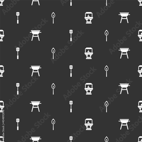 Set Brick stove, Barbecue grill, spatula and Burning match with fire on seamless pattern. Vector