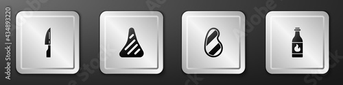 Set Barbecue knife, Steak meat, and Tabasco sauce icon. Silver square button. Vector
