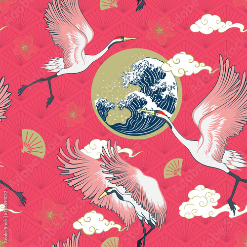 Abstract Art Japanese Repeat Pattern Pink Theme with Flying Cranes with The Sun, Torrential Wave Graphic and Different Cloud Shape on  Diamond Pattern Background Template Design for Wrapping Paper