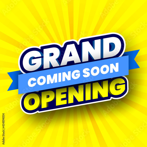 Coming soon grand opening banner on yellow striped background. Vector illustration.