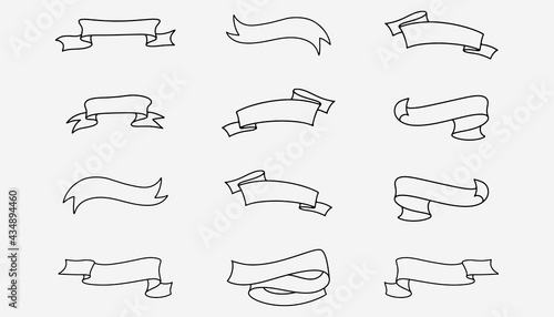 Hand drawn ribbons set. Doodle ribbons in black. Transparent hand drawn sketch label. Curve handwritten decorative labels. Vector EPS 10