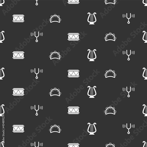 Set Ancient lyre, Musical tuning fork, Drum and Tambourine on seamless pattern. Vector