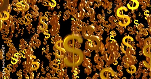 Many 3d dollar symbol, gold color, drop, on black background.