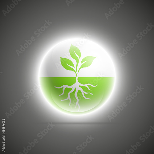 organic luminous sphere, Young plant shoots with roots button icon for ecological topics. Natural logo. Organic badge