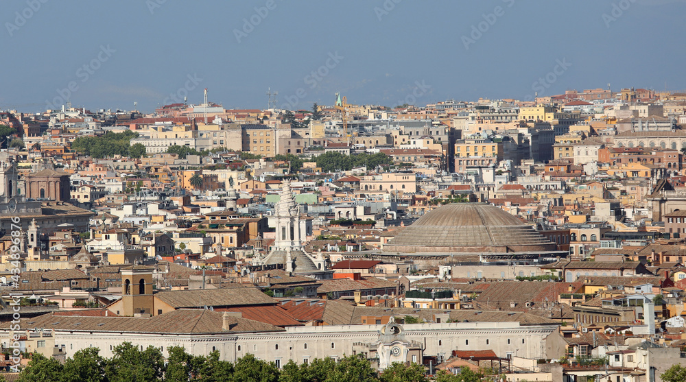 view of the city of ROME with palaces and monuments and the great dome of the ancient Pantheon temple